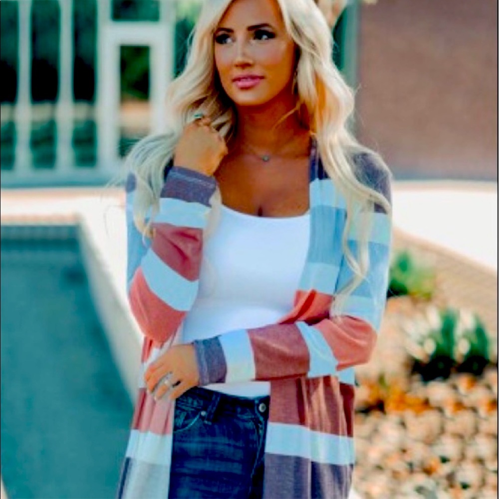 Cardigan sweater pastel colors pink and blue striped women’s medium